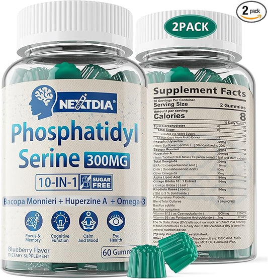 Phosphatidylserine - Nootropic Brian Supplement, Focus & Energy Gummies+ Bacopa Monnieri, Omega 3, Huperzine A, Methyl B12 & B6 for Seniors, Gamers, Workers, Non-GMO, Caffeine-Free, Sugar Free, 2 Pack