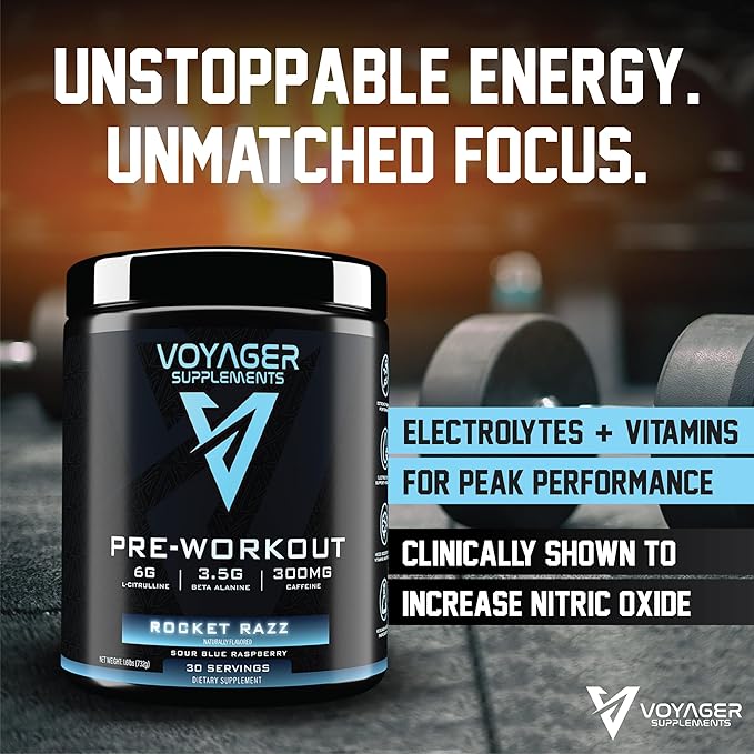 Voyager Pre-Workout Rocket Razz – Creatine-Free Powder w/L-Citrulline, Beta-Alanine, Caffeine – Supports Energy, Endurance & Focus – 30 Servings – No Artificial Fillers – GMP Certified