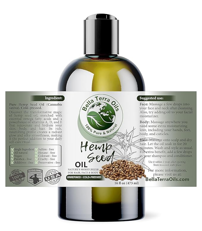 Bella Terra Oils - Hemp Seed Oil 16oz - A Confluence of Iron, Sodium, Phosphorus & Essential Fatty Acids, The True Epitome of Natural Beauty Oils