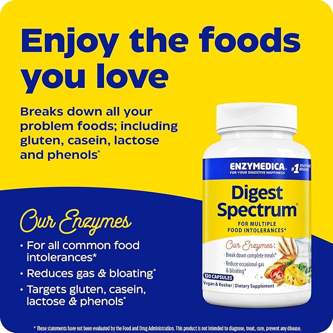 Enzymedica Digest Spectrum, Enzymes for Multiple Food Intolerances, Breaks Down Problem Foods, 120 Capsules