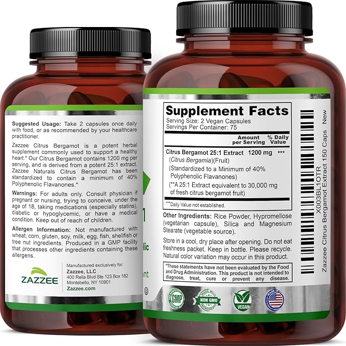 Zazzee Citrus Bergamot 25:1 Extract 1200 mg, 40% Polyphenolic Flavanones, 150 Vegan Capsules, Kosher, Concentrated and Standardized 25X Potency, Non-GMO and All-Natural, Made in The USA