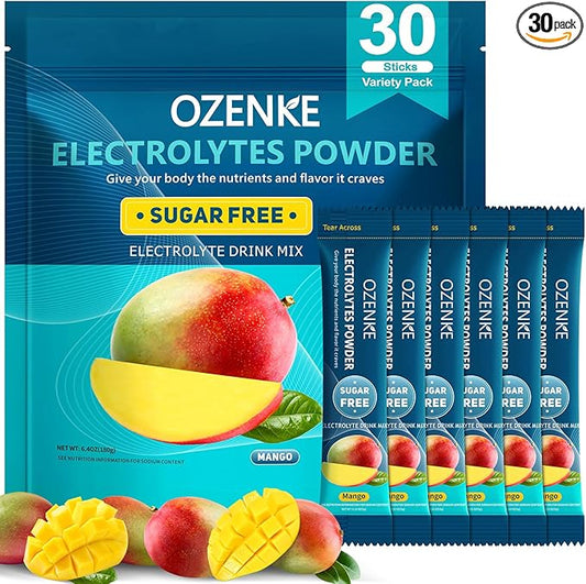 Electrolytes Powder Packets, 30 Sticks Hydration Packets Sugar Free, Electrolyte Drink Mix Portable Electrolyte Packets for Rapid Hydration, 0 Sugar & 0 Calorie, Mango Flavor