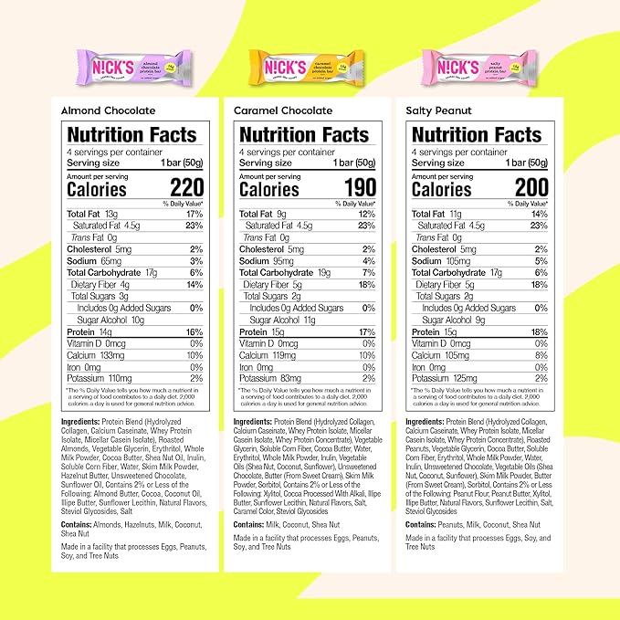 Nick's Protein Bars Chocolate Variety Pack High Protein, Low Calories, Low Carb Keto Friendly Snacks No Added Sugar, Salty Peanut, Chocolate Caramel and Almond Chocolate (12 Pack)