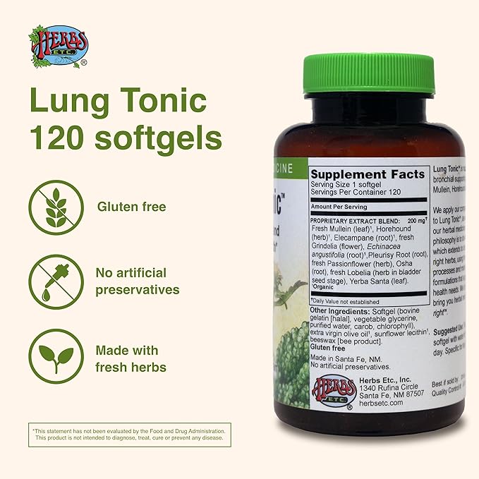 Herbs Etc. Lung Tonic - Lung Supplement for Bronchial Support - Healthy Breathing Support with Mullein, Horehound & Grindelia - 120 Softgels