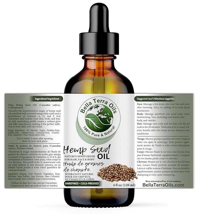 Bella Terra Oils - Hemp Seed Oil 4 oz - Cold-Pressed & Nutrient-Rich, Infused with Phytosterols, Potassium & Calcium for Skin & Hair Care