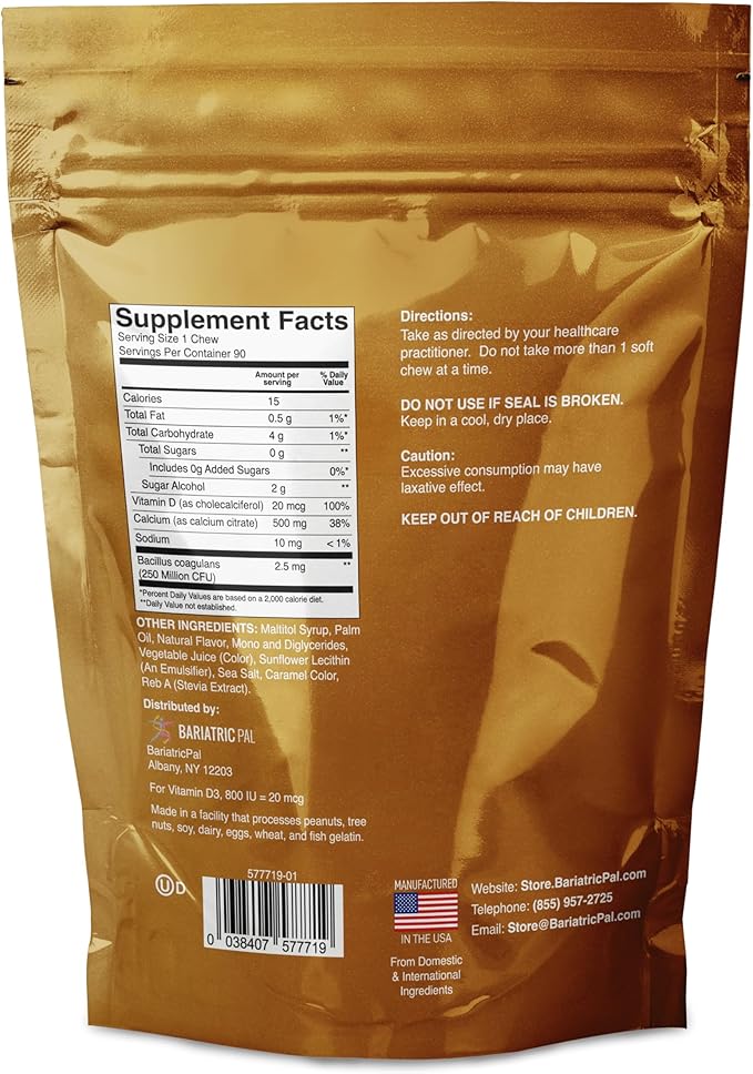 BariatricPal Sugar-Free Calcium Citrate Soft Chews 500mg with Probiotics (90 Count) - Butterscotch