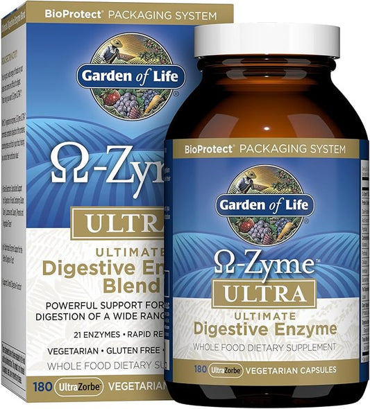 Garden of Life 21 Powerful Digestive Enzymes with Papain, Bromelain, Lipase, Ginger, Turmeric for Complete Digestion of Protein, Carbs & Fats – Omega-Zyme Ultra, Gluten-Free, Vegetarian, 180 Capsules