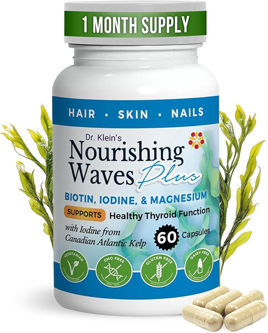 Nourishing Waves Plus - Thyroid Support Supplement with Kelp, Iodine, Selenium & Biotin - Vitamin B Complex (B1, B3, B6) for Healthy Hair, Skin & Nails for Men & Women, Prevent Hair Loss - 60 Capsules