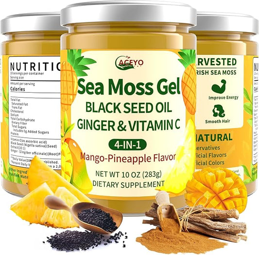 ACEYO Sea Moss Gel - Wildcrafted Irish Sea Moss with Black Seed Oil & Ginger,Rich in Minerals & Vitamins,Immunity & Health Support,Non-GMO, Vegan,Mango Pineapple Flavor,10 oz (Pack of 1)
