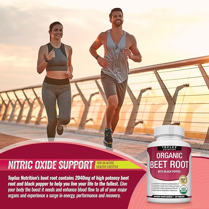 Organic Beet Root Powder Tablets - 2040mg Natural Nitric Oxide Beets to Support, Energy, Black Pepper Better Absorption, Non-GMO, for Men Women, 90 Tablets
