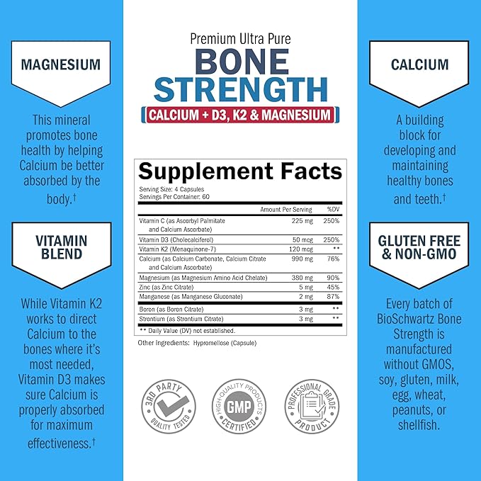 High Absorption Bone Strength Supplement - Gentle Non-Constipating Bone Health Supplement for Women & Men with 9-in-1 Complex with Calcium Magnesium Zinc D3 K2 & More - 3rd Party Tested - 2 Months