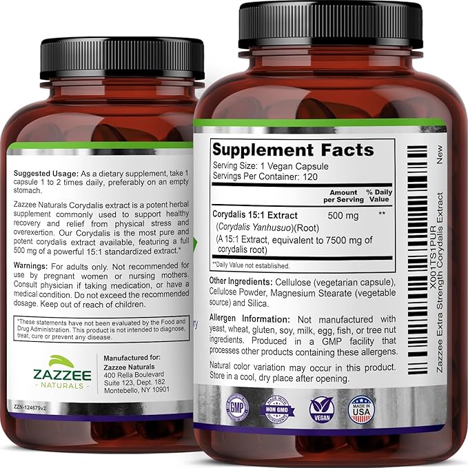 Zazzee Extra Strength Corydalis 15:1 Extract, 7500 mg Strength, 120 Vegan Capsules, Concentrated and Standardized 15X Extract, 100% Vegetarian, Premium Grade, Conolidine, All-Natural and Non-GMO