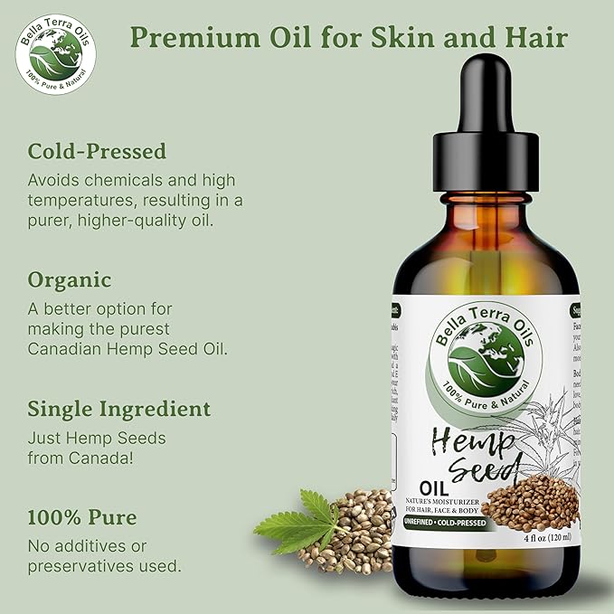 Bella Terra Oils - Hemp Seed Oil 8 oz - Cold-Pressed & Nutrient-Rich, Infused with Phytosterols, Potassium & Calcium for Skin & Hair Care