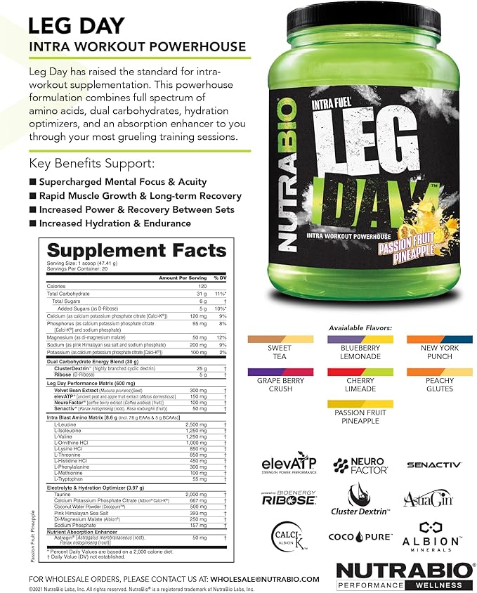 NutraBio Leg Day Intra Workout Powder – Advanced Carb Supplement with Cluster Dextrin & Electrolytes – Carb Powder with EAAs/BCAAs – Cyclic Dextrin for Performance – Grape Berry, 20 Servings