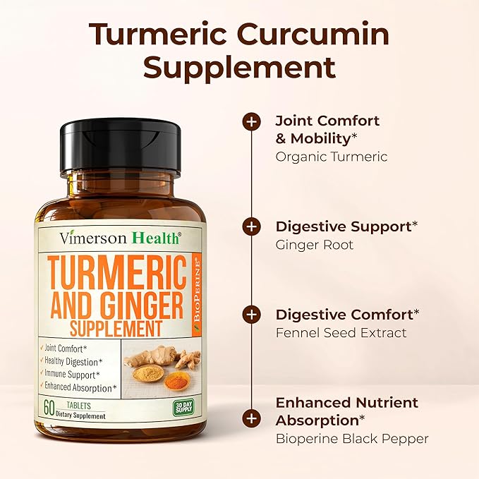 Turmeric Curcumin Supplement with Ginger Root & Fennel Seed for Joint Support, Digestive & Gut Health - Contains Organic Turmeric Curcumin with Black Pepper (Bioperine) for Max Absorption - 60 Tablets