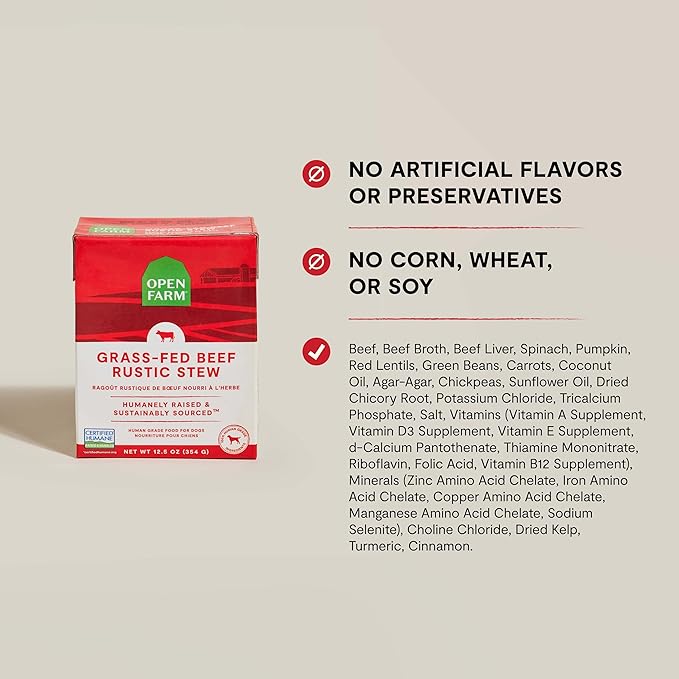 Open Farm Rustic Stews Wet Dog Food, Grain-Free, Complete & Balanced with Human-Grade Ingredients, Humanely-Raised Meat & Bone Broth, Grass-Fed Beef Recipe, 12.5oz Packs (Case of 12)