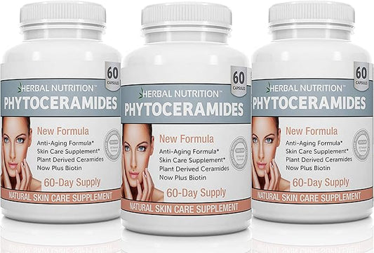 Herbal Nutrition Phytoceramides from Rice with Biotin Vitamin A, C, D and E, Three Bottle Pack, 180 Capsules 40mg