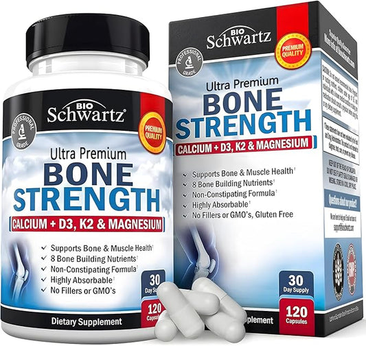 High Absorption Bone Strength Supplement - Gentle Non-Constipating Bone Health Supplement for Women & Men with 9-in-1 Complex with Calcium Magnesium Zinc D3 K2 & More - 3rd Party Tested - 1 Month