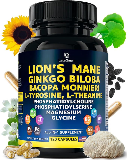Organic Lions Mane Supplement Capsules - 120 Real Mushrooms Lion's Mane Capsules with Ginkgo Biloba Herb, Bacopa Monnieri, L Theanine, L Tyrosine - Mushroom Complex for Daily Wellness