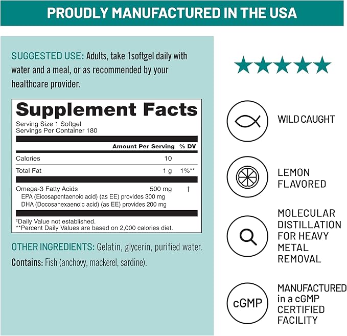 NatureWise Omega 3 Fish Oil - 500 mg per Pill - EPA & DHA - Immune Support, Brain Health & Optimal Wellness - Gluten and Soy Free, Non-GMO - 180 Softgels[6-Month Supply]