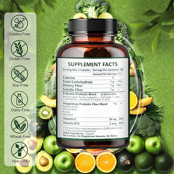 NATURE TARGET Prebiotic Fiber Supplement with 60 Billion Probiotics for Digestive Health - Prebiotics and Probiotics for Women & Men Regularity, Supports Occasional Constipation - 120 Veggie Capsules