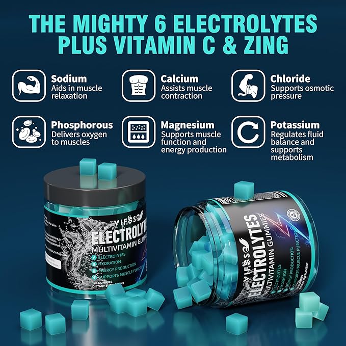 Electrolytes Gummies No Sugar, 120 Chewable Electrolyte Gummies with 6 Electrolytes for Runners and Endurance Sports, Refreshing Blue Raspberry, Hydration Electrolyte Chews, 1 Pack