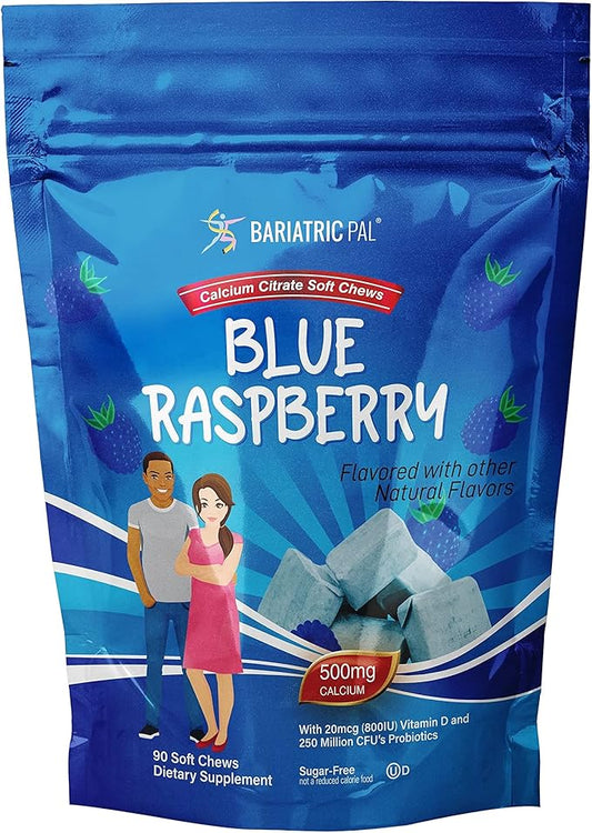 BariatricPal Sugar-Free Calcium Citrate Soft Chews 500mg with Probiotics (90 Count) - Blue Raspberry