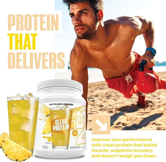 NutraBio Clear Protein Powder, Pineapple Splash - 20 Servings, 20g Clear Whey Protein Isolate, 0 Sugar, 0g Lactose, Refreshing Fruit Flavors, GLP1 Support - Bone Health - Muscle Post Workout Recovery