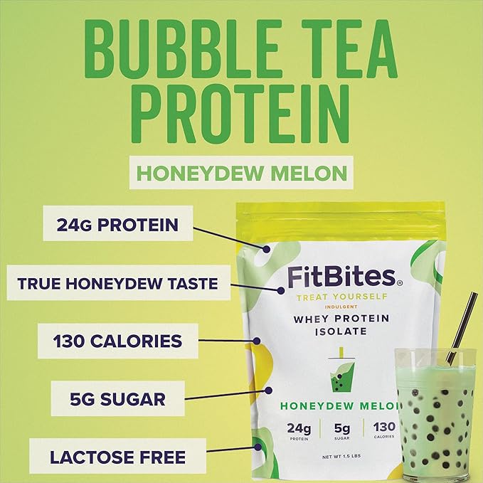 Boba Tea Protein Whey Protein Isolate (Honeydew Melon), 5.9g BCAAs, Gluten Free, Low Sugar, Bubble Tea Protein Powder