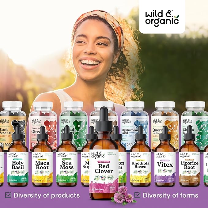 Wild & Organic Red Clover Extract Drops 600 mg - Liquid Red Clover Supplement for Women - 1-Month Supply - Trifolium Pratense Blossom Tincture - Vegan, Sugar & Alcohol-Free - 2 fl oz