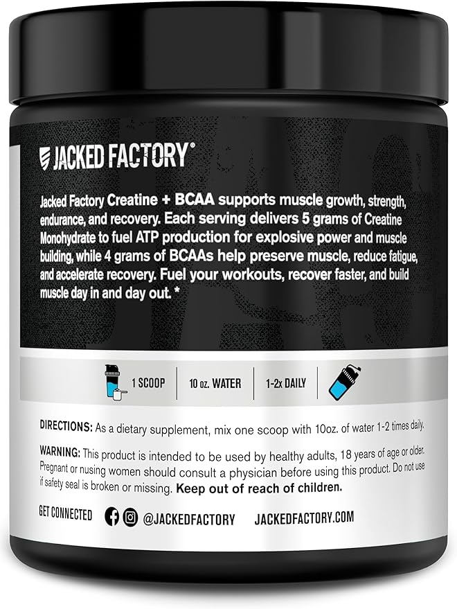 Jacked Factory Creatine + BCAAs - Creatine Monohydrate + BCAA Powder for Increased Post-Workout Recovery, Performance, Lean Muscle Growth, & Reduced Fatigue - 30 Servings, Blue Raspberry