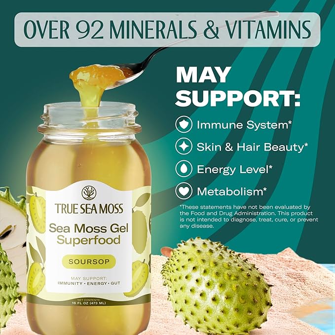 TrueSeaMoss Sea Moss Gel – Made in USA – Wildcrafted Seamoss, Fresh Fruits & Sea Vegetables – Soursop, Pack of 1 (Labels may Vary)