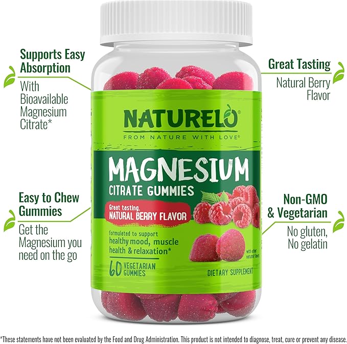 NATURELO Magnesium Citrate Gummies - for Calm & Relaxation Support, Natural Berry Magnesium Gummies, 60 Vegetarian Gummies (Pack of 2)