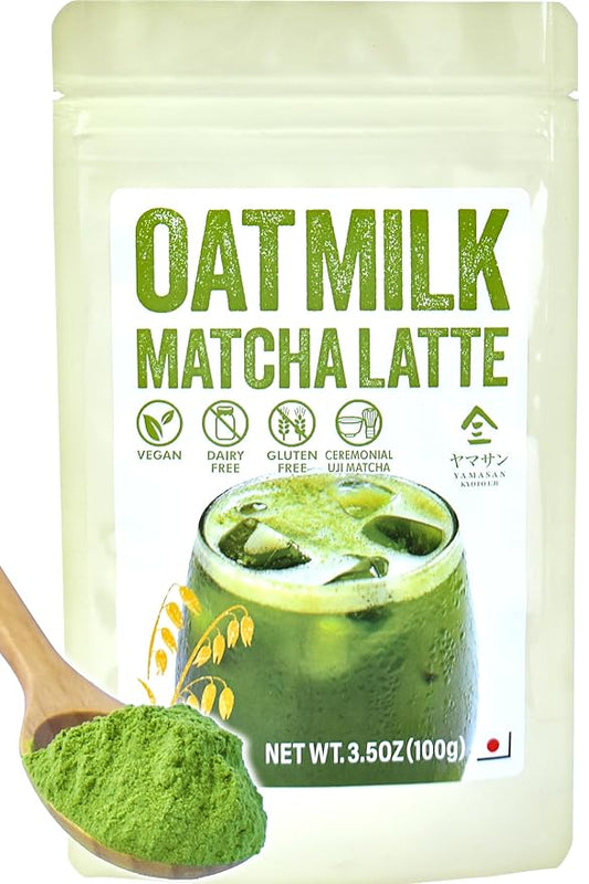 YAMASAN KYOTO UJI Japanese Oat Milk Matcha Latte, Uji Matcha Ceremonial Grade with Oat Milk Instant Latte Mix, Dairy-Free, 100% Plant Based, Vegan, Gluten-Free, No Refined Sugar, Made in Japan 3.5OZ(100g)