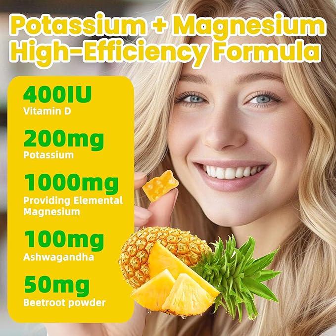 Potassium Magnesium Gummies,High Absorption Magnesium Glycinate,B6,D3,Potassium Citrate for Leg Cramps,Muscle,Electroyte for Adults Kids,Sugar-Free, 120 Gummies (Pineapple)