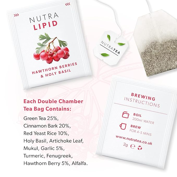 Nutra Tea NUTRALIPID - Lipid Management Tea | Cholesterol Tea – Supports Cholesterol Levels and Heart Health – Includes Red Yeast Rice & Fenugreek - 60 Enveloped Tea Bags Herbal Tea - (3 Pack)