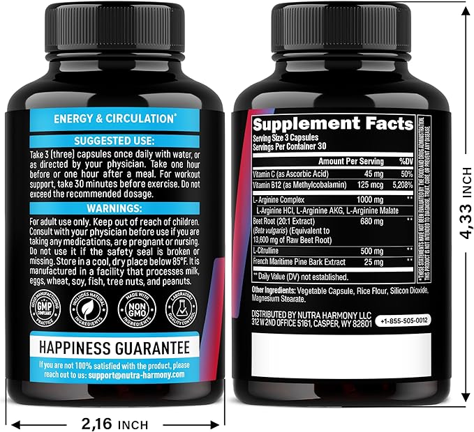 Nitric Oxide Supplement for Men & Women 2250 mg - Nitric Oxide Booster - Pine Bark | L-Arginine | L-Citrulline | Beet Root | Vitamin C & B12 - Muscles, Energy & Circulation - Made in USA, 90 Capsules