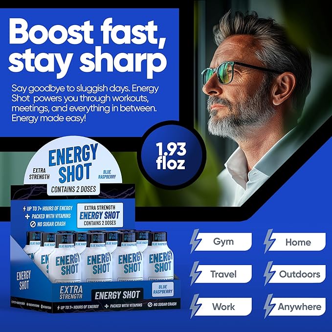 Energy Shot – 2 Servings – 100% DV B-Vitamins & 130mg Plant-Based Caffeine – Zero Calories, Sugar-Free, Vegan, Non-GMO – Energy & Productivity Support (1.93 Fl Oz (Pack of 8), Blue Raspberry)