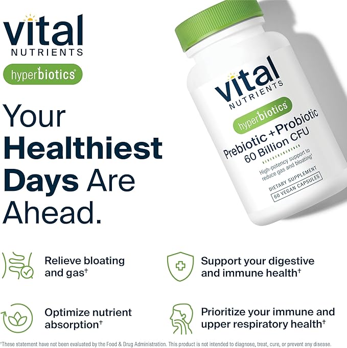 Hyperbiotics Vital Nutrients Prebiotic and Probiotic for Women and Men | 60 Billion CFU | Pre and Probiotics Supports Digestive Health, Constipation, Diarrhea, Gas & Bloating | 60 Vegan Capsules