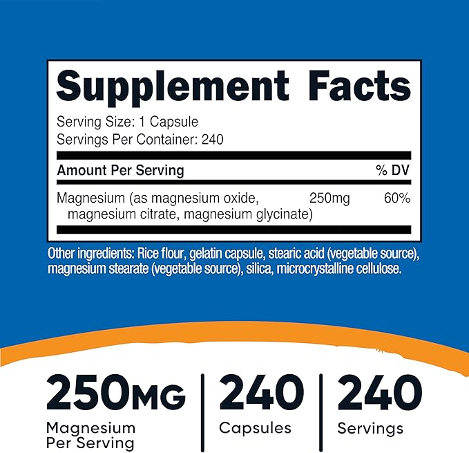 Nutricost Magnesium Complex 250mg, 240 Capsules - Magnesium Oxide, Citrate, and Glycinate - Gluten Free and Non-GMO