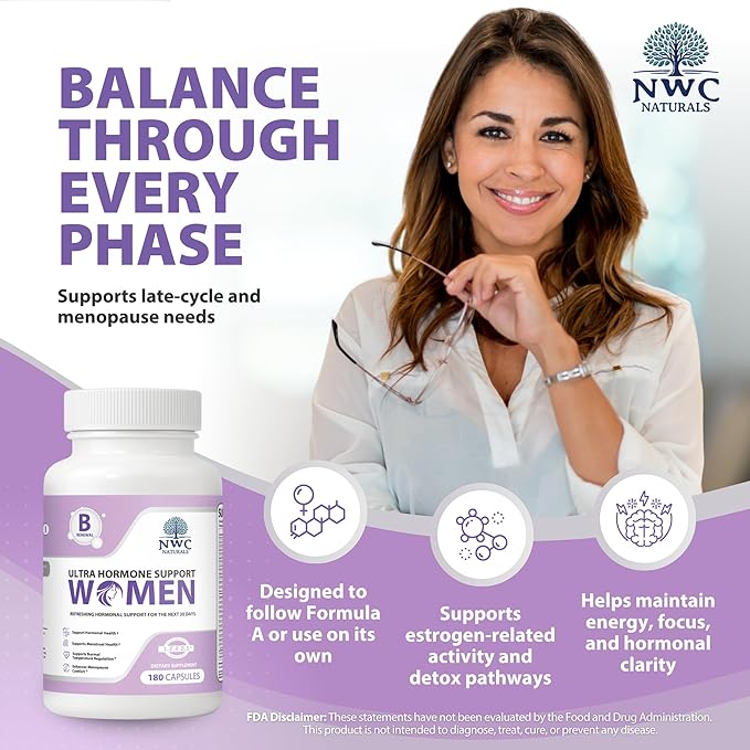 NWC Naturals Ultra-Hormone Support Formula B – Hormone Harmony for Women & Daily Hormone Balance for Women, 180 Capsules – Plant-Based Support with Organic B-Vitamins, Adaptogens & L.E.A.D.S. System
