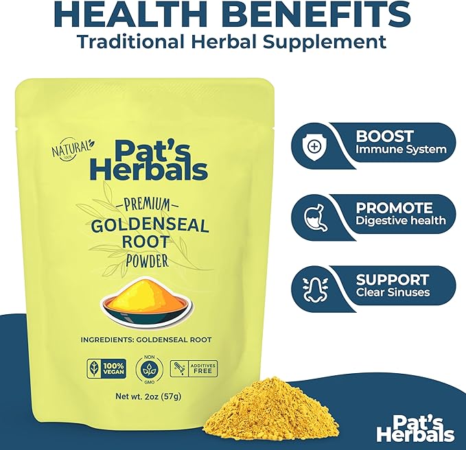 Pat's Herbals Goldenseal Root Powder - 2oz, USA Grown, Non-GMO | Pure Bright Yellow Root Powder