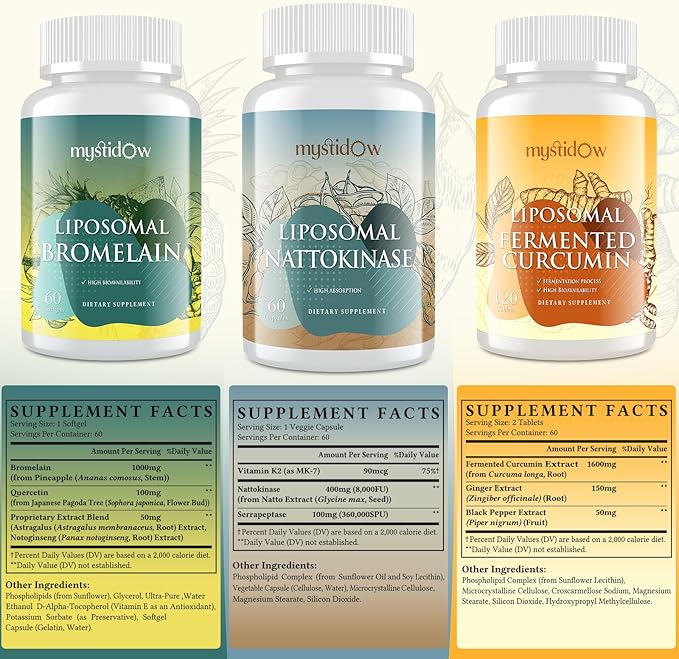 Spike Support Trio | Liposomal Nattokinase 8000 FU 500mg, Bromelain 1150 mg & Fermented Curcumin 1800 mg | High Potency, Enhanced Absorption Formula | for Immune, Heart & Circulatory| 60 Servings
