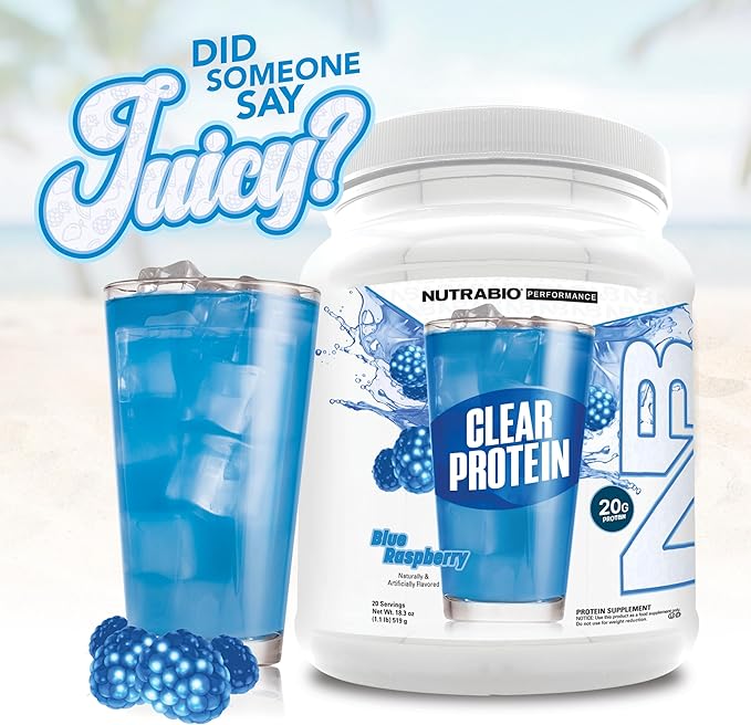 NutraBio Clear Protein Powder, Blue Raspberry - 20 Servings, 20g Clear Whey Protein Isolate, 0 Sugar, 0g Lactose, Refreshing Fruit Flavors, GLP1 Support - Bone Health - Muscle Post Workout Recovery