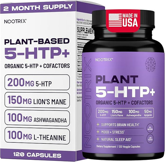 Organic Plant 5 HTP+ Supplement | Supports Memory, Mental Focus, Cognitive Health & Energy | Promotes Healthy Mood & Brain Function | Vitamin B6 & L Theanine | 120 Capsules