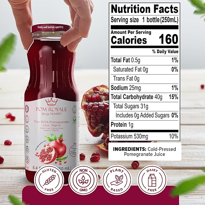 Pure Pomegranate Juice No Pulp, 8.4 Ounce Glass Bottle (Pack of 15), Cold Pressed Juice, Not from Concentrate, Non-GMO, No Sugar Added, Gluten Free, Kosher Certified, Preservative Free