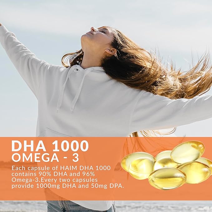 HAIM DHA 1000 Omega-3 Fish Oil - 90% Purity with 1000mg DHA, 50mg DPA - High Potency Fish Oil Supplement for Brain, Eye & Heart Support - Promotes Overall Wellness & Focus - 1 Box, 60 Softgels
