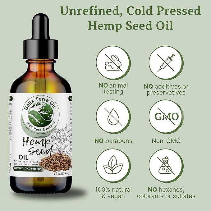 Bella Terra Oils - Hemp Seed Oil 16oz - A Confluence of Iron, Sodium, Phosphorus & Essential Fatty Acids, The True Epitome of Natural Beauty Oils