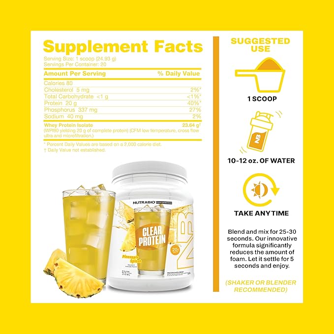 NutraBio Clear Protein Powder, Pineapple Splash - 20 Servings, 20g Clear Whey Protein Isolate, 0 Sugar, 0g Lactose, Refreshing Fruit Flavors, GLP1 Support - Bone Health - Muscle Post Workout Recovery