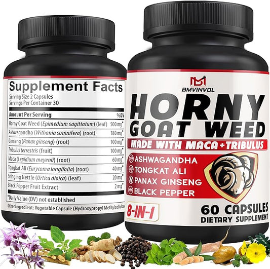 BMVINVOL Horny Goat Weed Capsules with Panax Ginseng, Tribulus, Ashwagandha, Maca, Tongkat Ali, Nettle, Black Pepper - 60 Capsules
